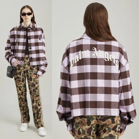 Palm Angels | Purple Brown Buffalo Check Plaid Logo Flannel Shirt Jacket 40 US L - Picture 2 of 16